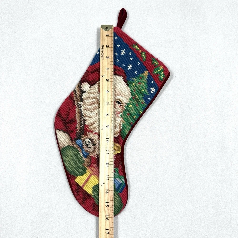 Vintage Christmas Stocking Needlepoint by Hand‎ Wool Velvet Santa Claus Presents